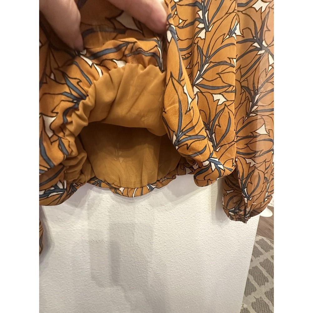 NORDSTROM Pleione Blouse Size XS Top Bubble Hem Caramel Iris Print SHIRT CAREER - Picture 6 of 9